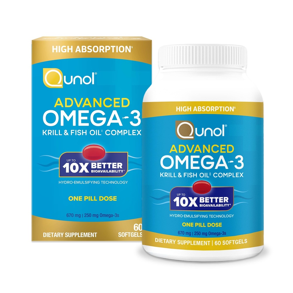 Qunol Advanced Omega 3 Krill and Fish Oil Complex, 10x Lepší biologická dostupnost, Jedna dávka, 250mg EPA & DHA, Podporuje mozek, oko, srdce a společné zdraví, 60 Počet (balení po 1)