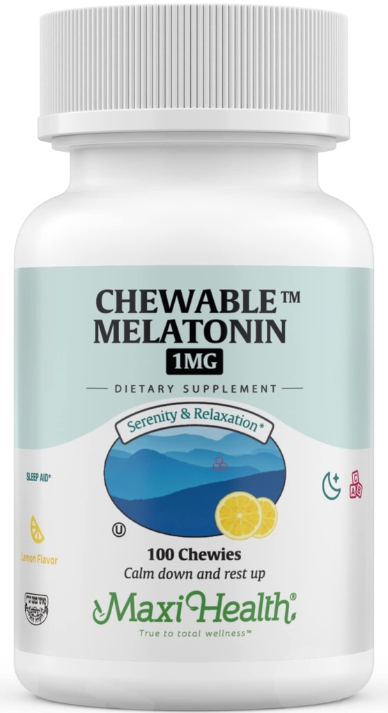 Maxi Health Chewable Melatonin, Kosher Lemon Flavor, Melatonin pro dospělé a děti, Přírodní pomoc pro dospělé a děti, Melatonin Chewables Alternativní k melatonin gumies Děti Dávka, (100 Počet)