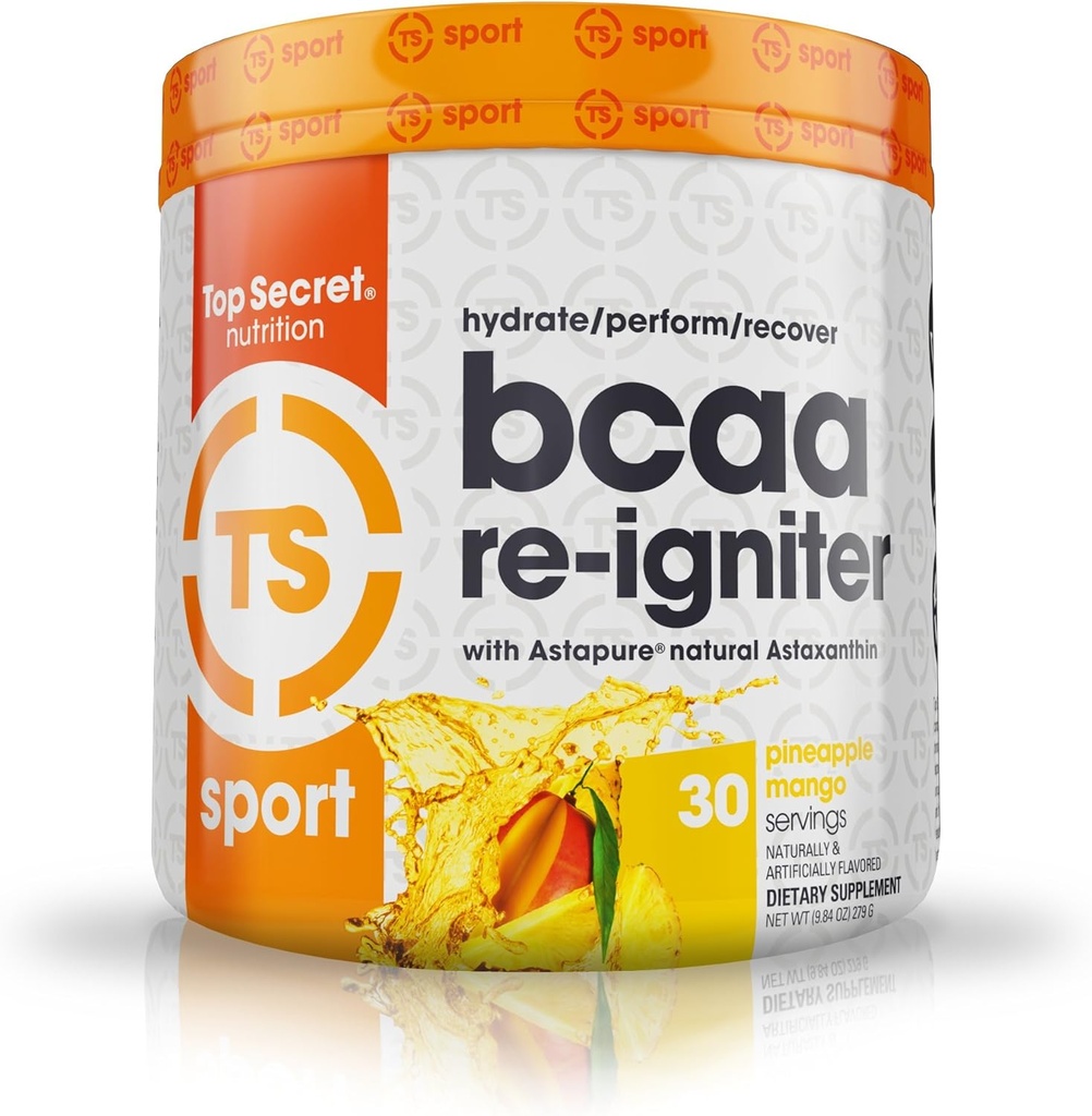 Top Secret Nutrition BCAA Re- Igniter Vegan Amino Acid Dodatek s Astaxanthin a Electrolyte, Hydration Směs s kokosovou vodou, 9.84 oz (30 porcí), Ananas Mango