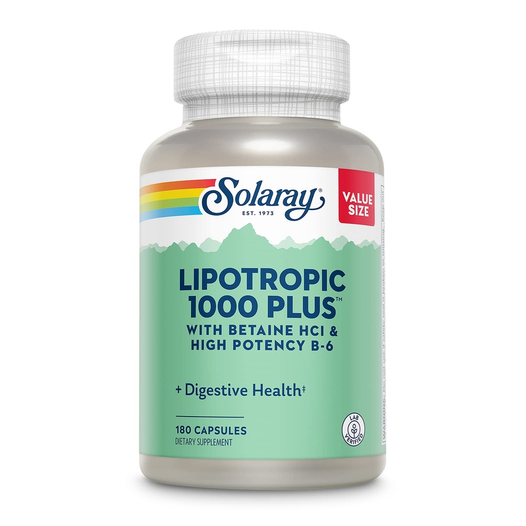 SOLARAY Lipotroppic 1000 Plus s Betaine HCl & High Potency B-6, Zdravá strava, Energie, a podpora metabolismu tuků, Lipotroppic Complex Plus Aloe Vera, 60 Day Garance, 30 Serings, 180 Kapsle