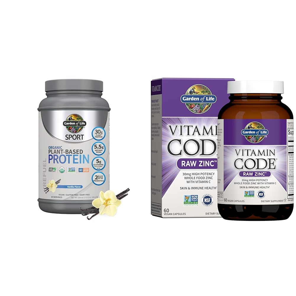 Zahrada života Organic Vegan Sport Protein Powder, Vanilla - Probiotika, BCAA, 30g Plant Protein & zink doplňky 30mg High potency Raw Zinek a vitamin C Multiminerální doplněk