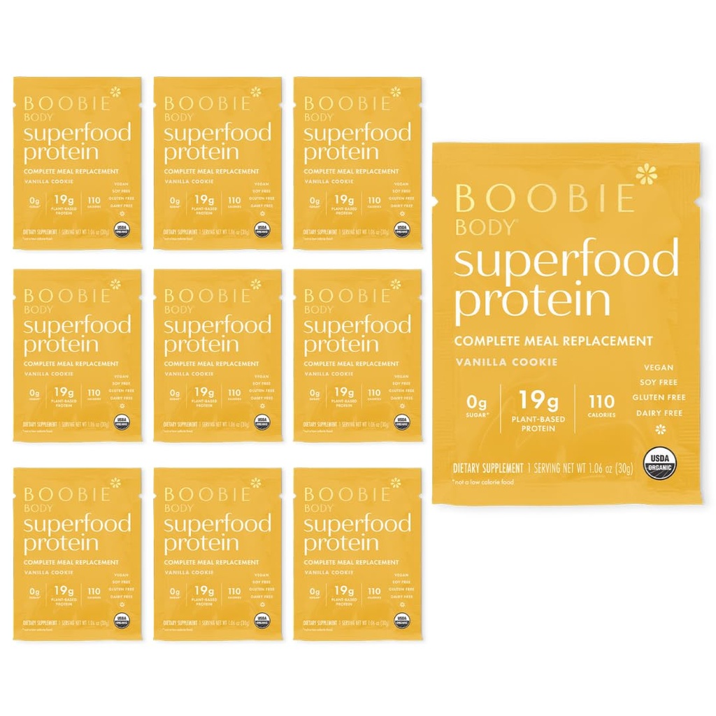 Boobie Tělo Superfood Protein Shake pro matky, Těhotenství a Kojení Podpora Protein Powder na zvýšení množství mléka, Probiotika, Organic, Dairy- Free, Gluten- Free Vegan Vanilla Cookie Single Srv 10pk