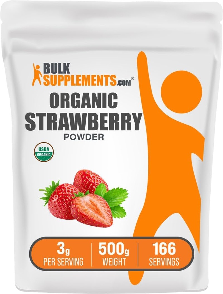 BulkSupplements.com Organic Strawberry Powder - Ovocný prášek z Organic Strawberry - No Sugar Added & Gluten Free, 3g per Serving, 500g (1,1 lbs) (Balení po 1)