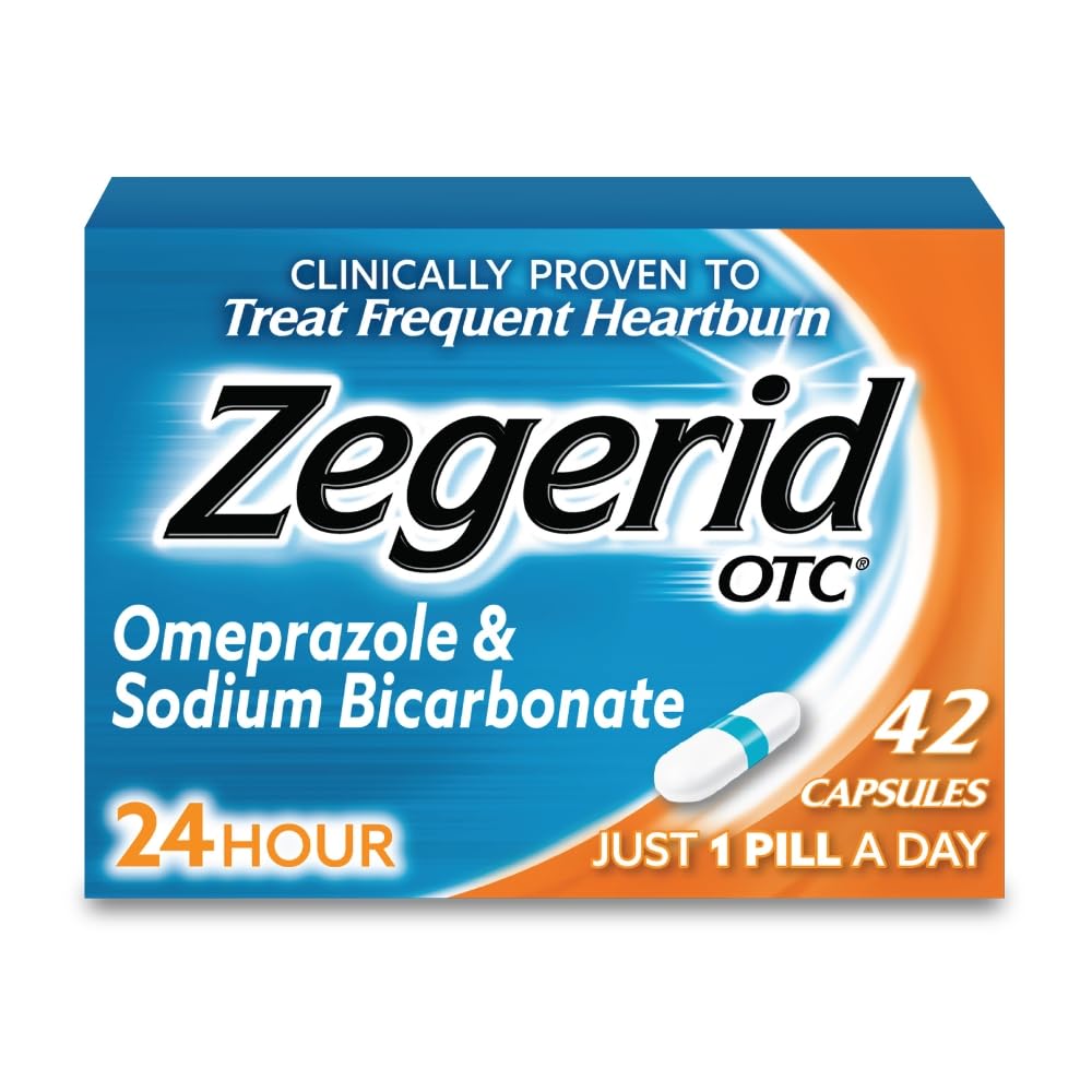 Zegerid OTC, 24- hodinová reliéf proti srdečním tokům, kyselá refluxní medicína a antacida, léčba časté srdeční pálení, Omeprazol 20mg + sodná sůl bikarbonátu, inhibitor protonové pumpy (PPI), 42 tobolek