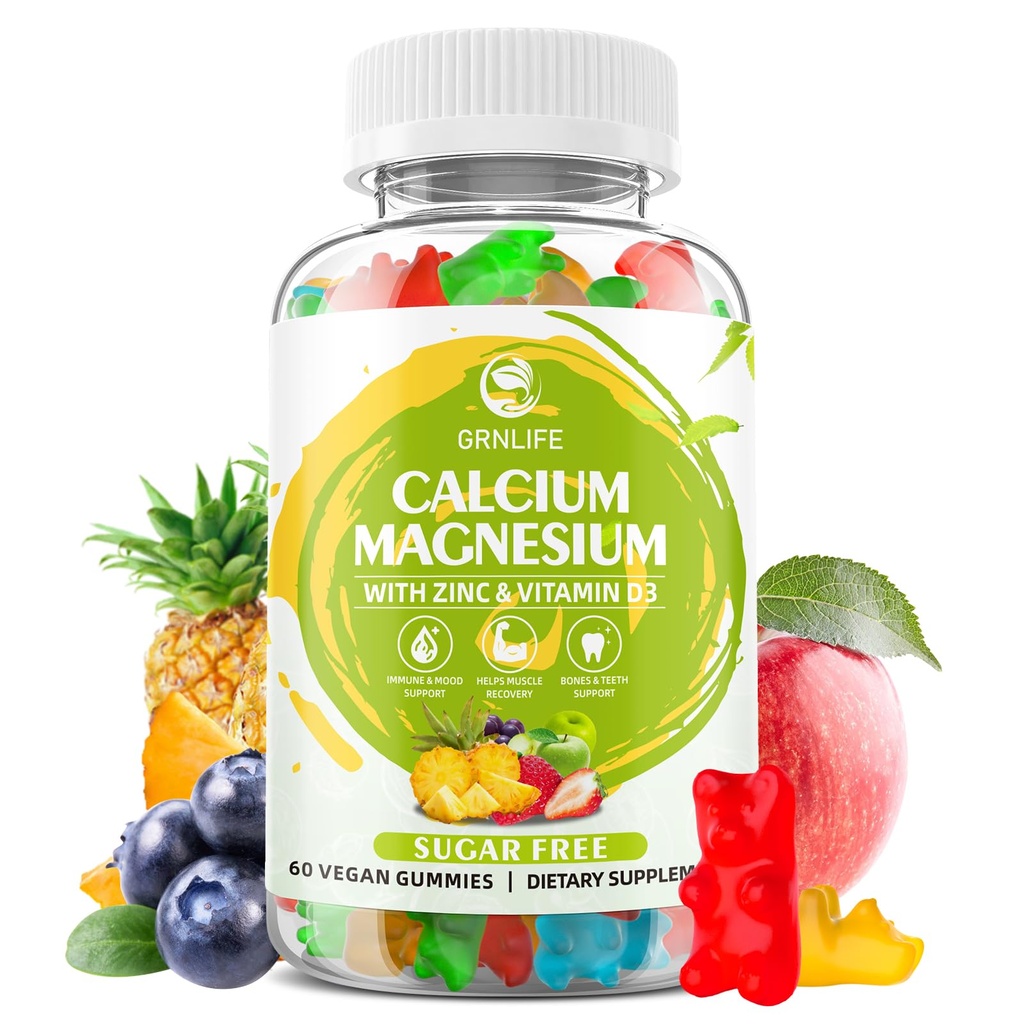 Vápník Magnesium Zinkový dodatek s vitaminem D3, bez cukru vápníkové gumy pro ženy, vysoká potence hořčíku gumy pro kosti a svalovina a imunitní zdraví, Smíšené chutě - 60 Počet