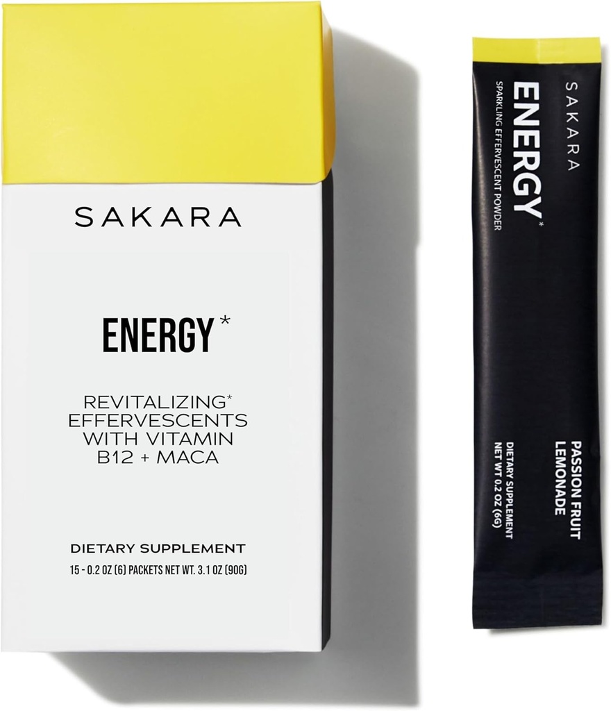 SAKARA Energy Effervescents, 15 Packets - Rafinovaný cukr zdarma Electrolytes Powder Packets s vitaminem B12 & L Theanine, ochucené vodní balíčky, Hydration Powder, Energy Drink Electrolyte Powder