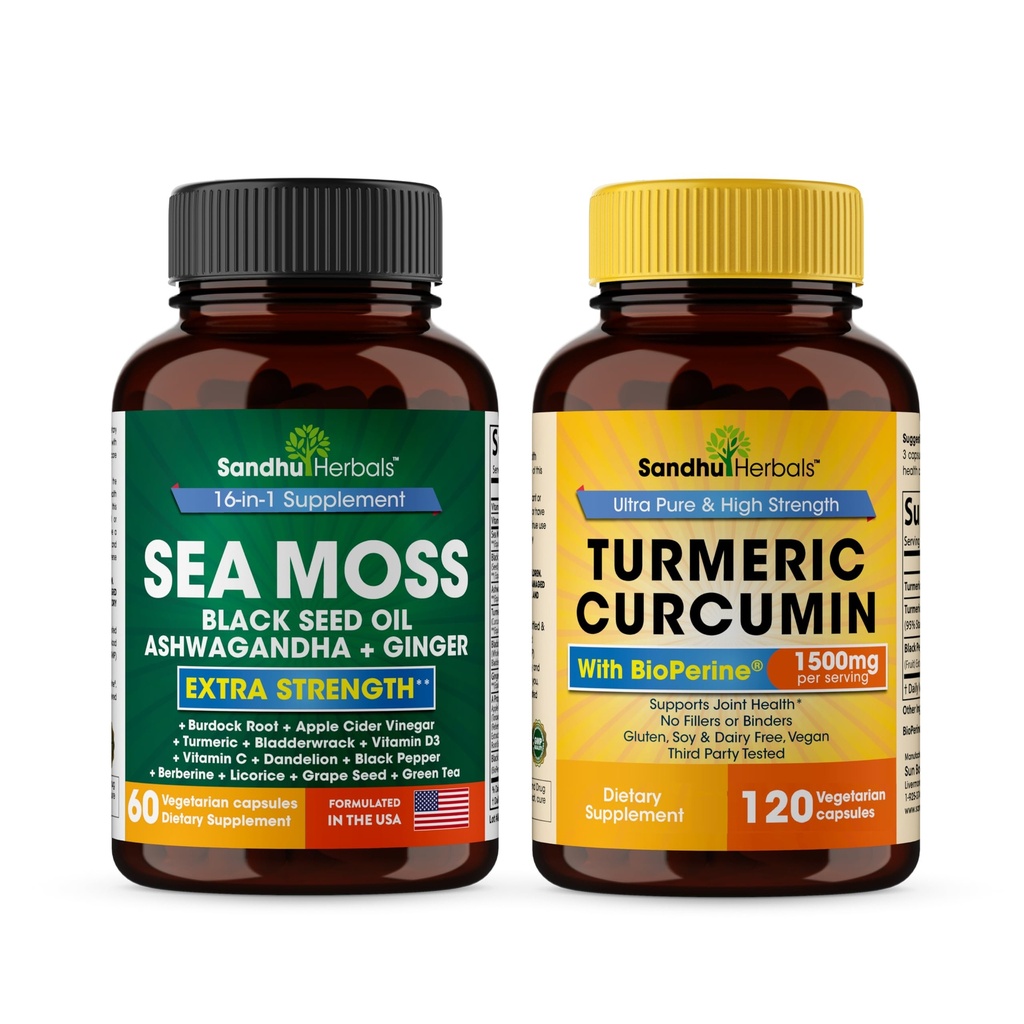 Sandhu Herbals Seamoss & Turmeric Curcumin s Bioperin Kapsle 124; Podporuje imunitní, stravitelné, kognitivní, kůže a vlasy zdraví