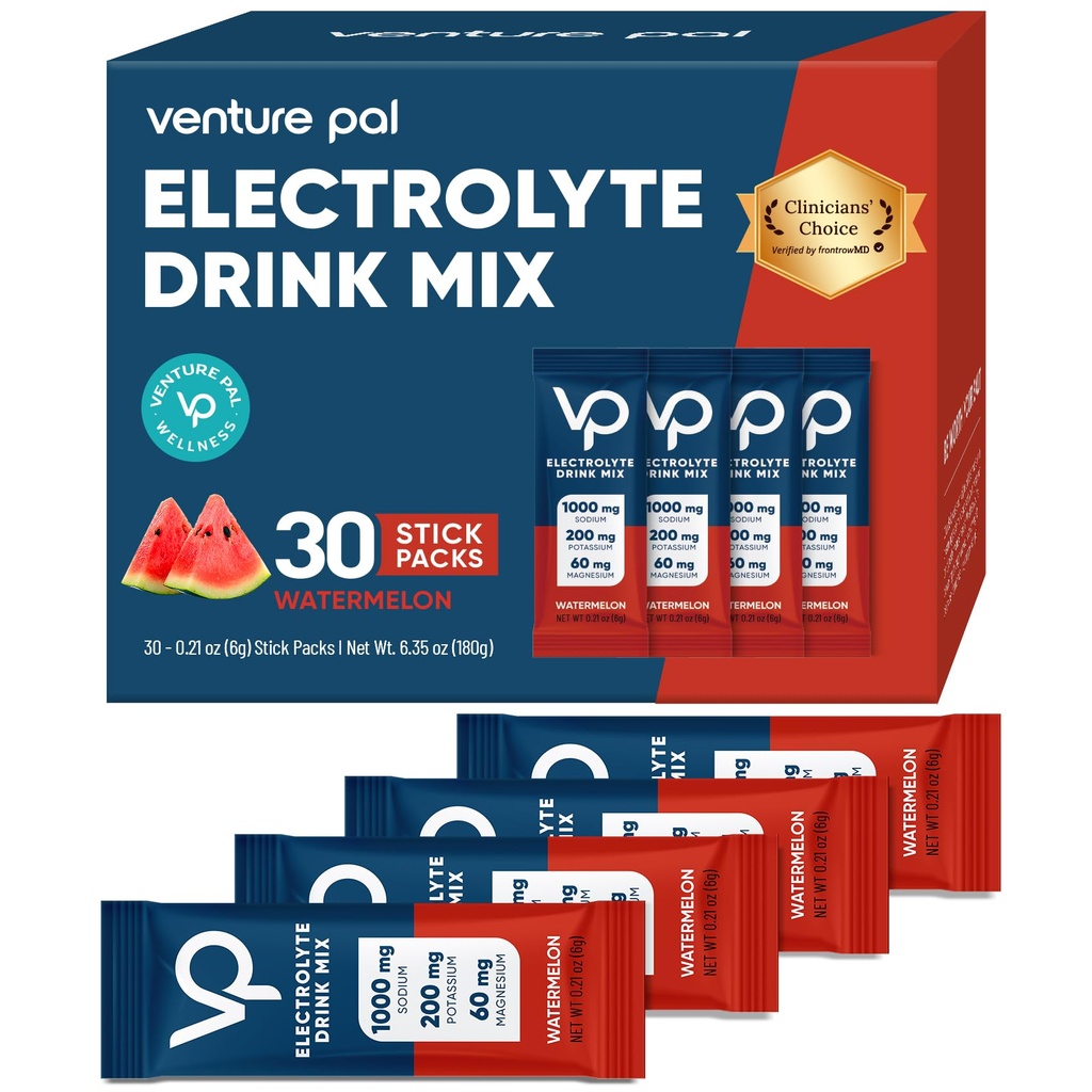 Venture Pal High Sodium Sugar Free Electrolytes Powder Packet - Hydratační balíčky s vitamínem, sodík a draslík 124; Nulová kalorie CLAS 124; Vegan, Keto & Paleo Friendly Electrolyte Drink Mix - 30 Sticks