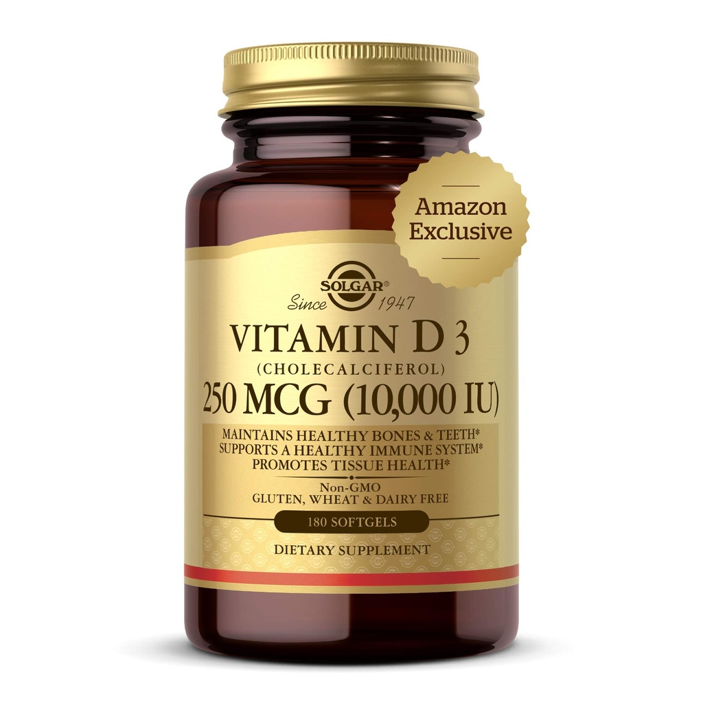 Solgar Vitamin D3 Cholekalciferol 250 MCG 10000 IU Softgels pomáhá udržovat zdravé kosti Imunitní systém Podpora non-GMO gluten, mléčné služby zdarma, 180 Počet