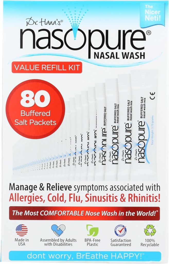 Nasopure Nasal Wash, Value Refill Kit, "The Nicer Neti Pot" Sinus Wash Kit, Komfortní Nasal Rinse 80 Salt Packets (3.75 Grams Each), Nasal Congestion, Cold, Flu, Alergie, Nasal zavlažování systém