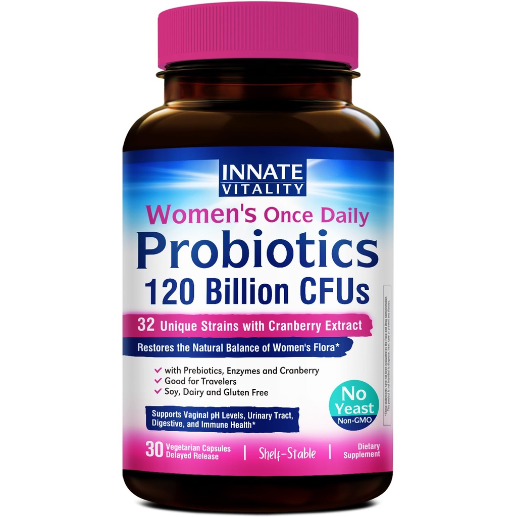 Vrozená vitalita Ženské Probiotika, 120 Miliardy CFU, 32 Testované Strany, Probiotika pro ženy, Kvasinková kontrola, Vaginální pH Podpora, Prebiotika, Digestivní Enzymy, Cranberry, Jednou denně 30 Veggie Kapsle