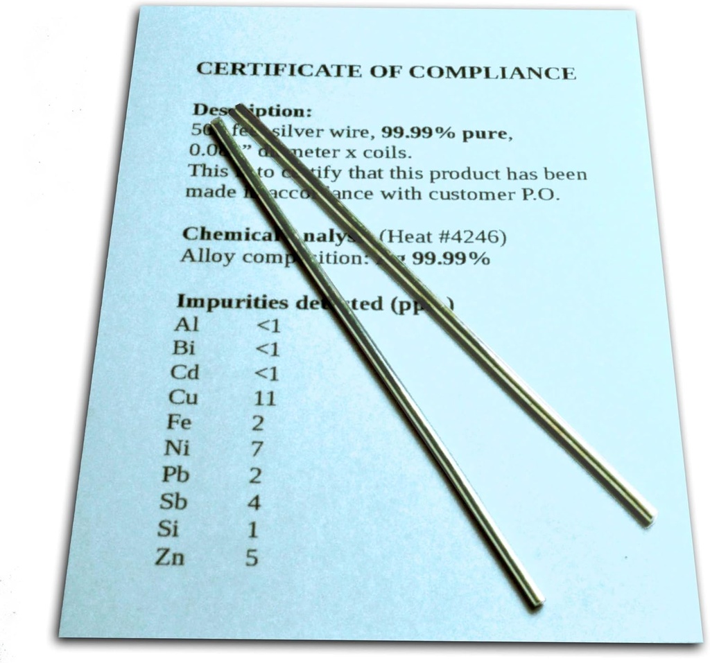 Koloidní stříbrný vodič Garantovaný 99.99% čistý - Sada (2) 4 "Electrode Ruds 12-Gauge (0,08 v. / 2.06 mm) s certifikátem shody / kompletní chemická analýza složení slitiny