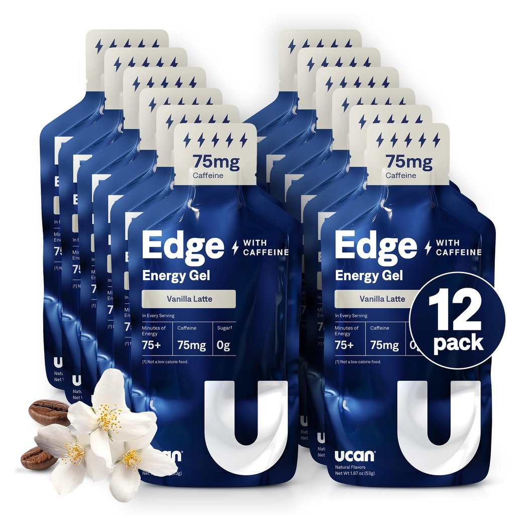 UCAN Edge Energy Gel Shots, Vanilla Latte + Caffeine (12, 2 Ounce Packets) pro běh, školení, cvičení, Fitness, Cyklistika, Crossfit current 124; Sugar- Free, Vegan, & Keto Friendly Energy