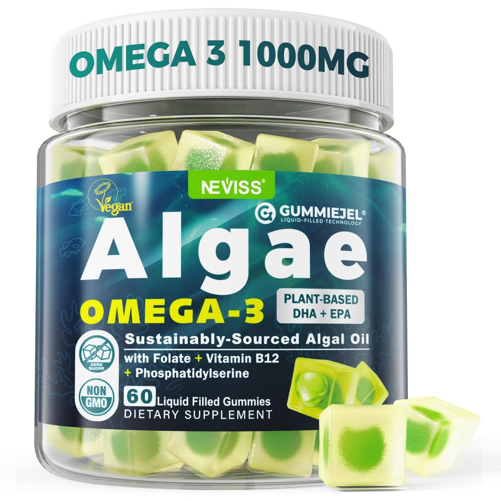 Vegan Omega33 Gummies pro dospělé, Fish Oil Alternative from Algae Oil, Plant Based DHA 460mg & EPA 230mg Plus MethylFolát, Vitamin B12, Fosfatidylserin, No Fishy Taste, Vegan, Sugar Free, 60 Cts
