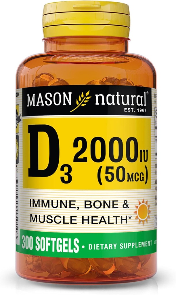 MASON NATURAL Vitamin D3 2000 IU Ultra síla, podporuje hustotu kostí, sílu a imunitní zdraví, 300 Softgels
