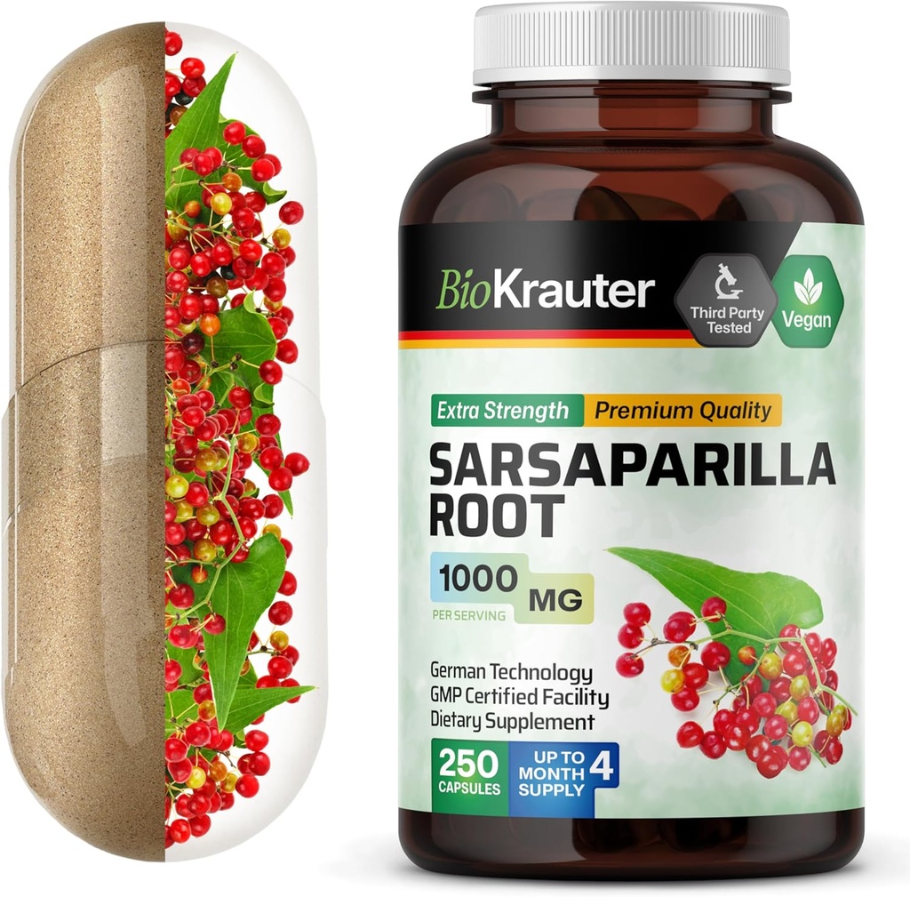 BIO KRAUTER Sarsaparilla Root Capsules - 1000 mg Síla - 250 Vegan Sarsaparilla Extract Caps - No Fillers