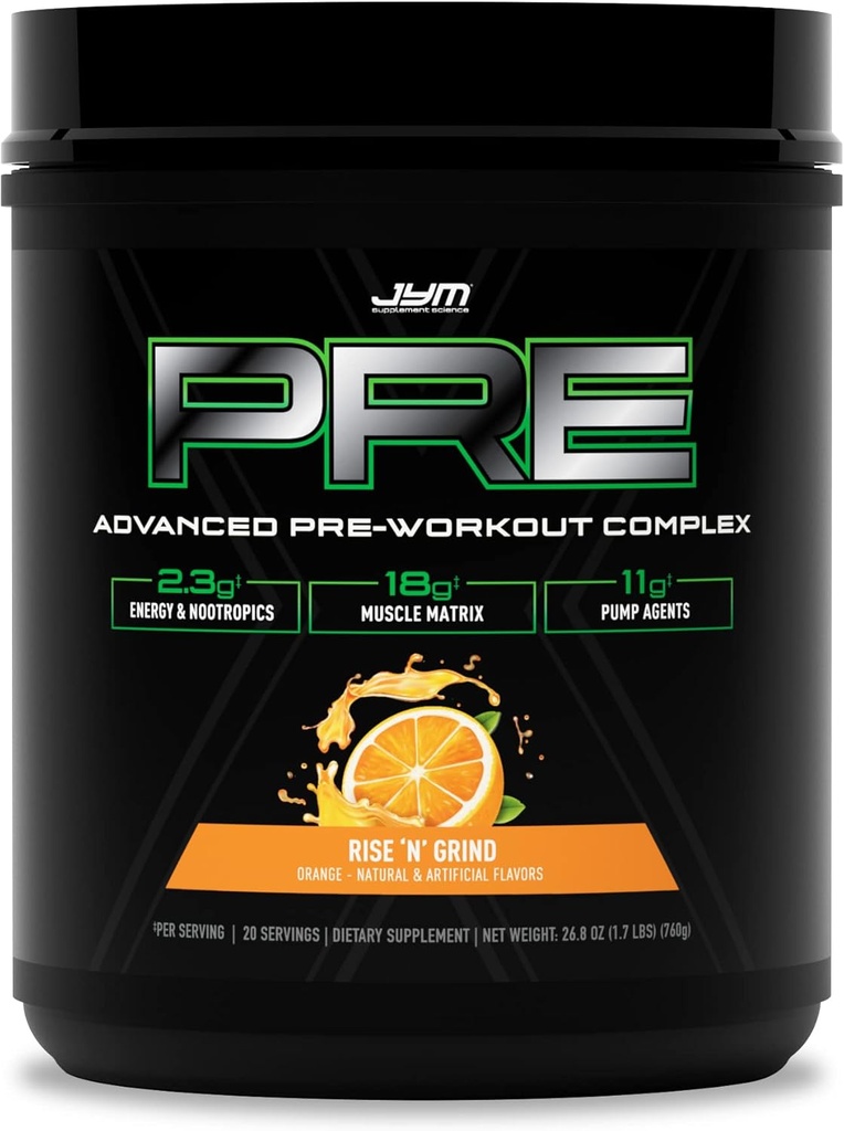 Pre JYM X Rise N 'Grind Advanced Pre- Workout Powder Masivní čerpadla, Citrulline Nitrát, Dynamine, NO3T Betaine, BCAA' s, Nootropics, Creatine, Beta- Alanin, JYM dodatek Věda, 20 Služeb