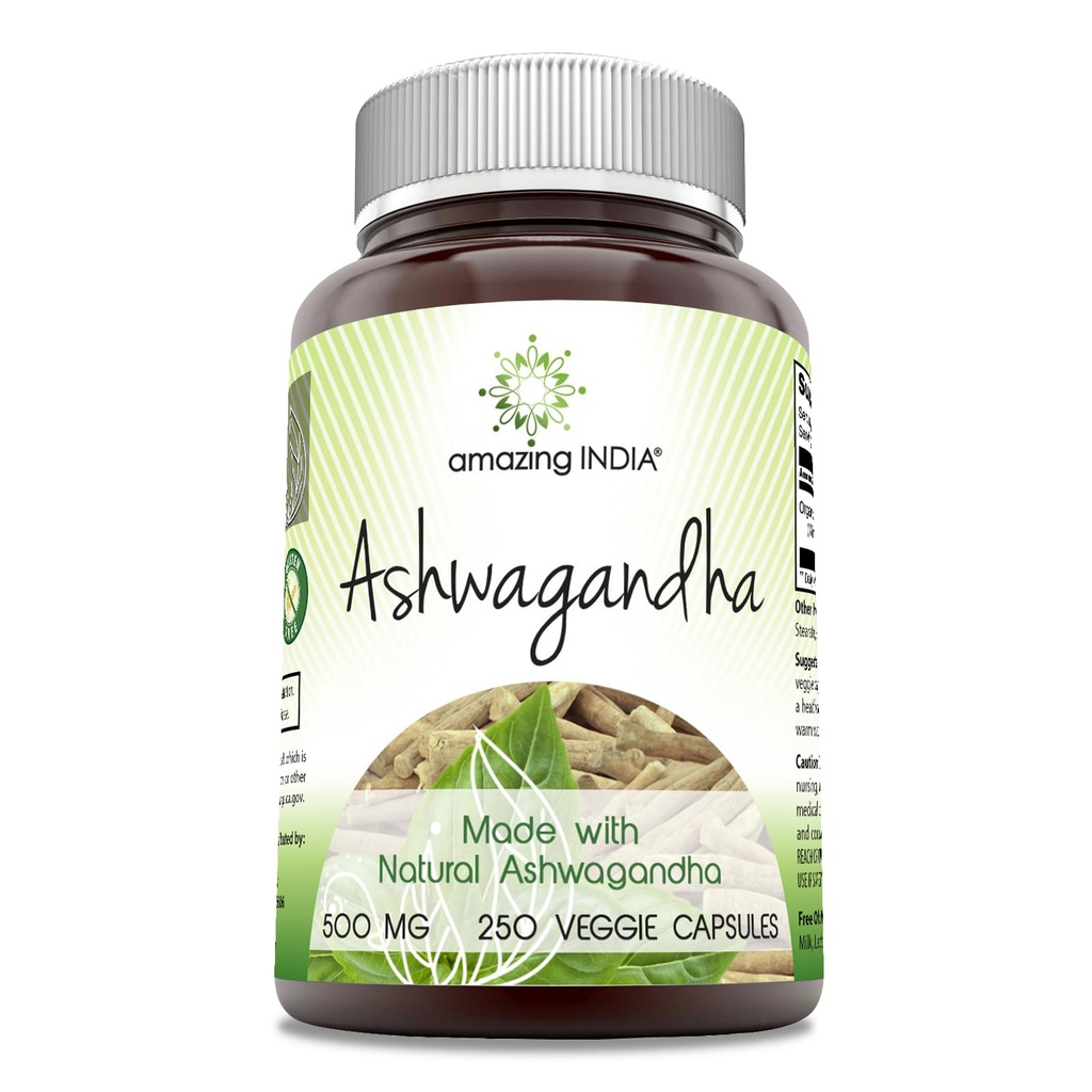 Amazing India Natural Ashwagandha IR 124; 500 Mg Per Serving IR 124; Veggie Kapsle IR 124; Non- GMO IR 124; Gluten Free IR 124; Made in USA (250)