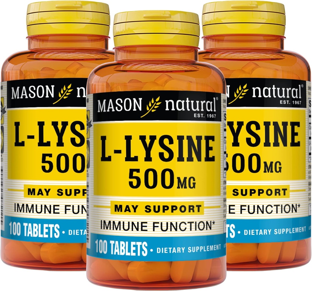 MASON NATURAL L- lysin 500 mg s vápníkem - lepší imunitní funkce, zvýšená absorpce živin, esenciální aminokyselina, 100 tablet (balení po 3)