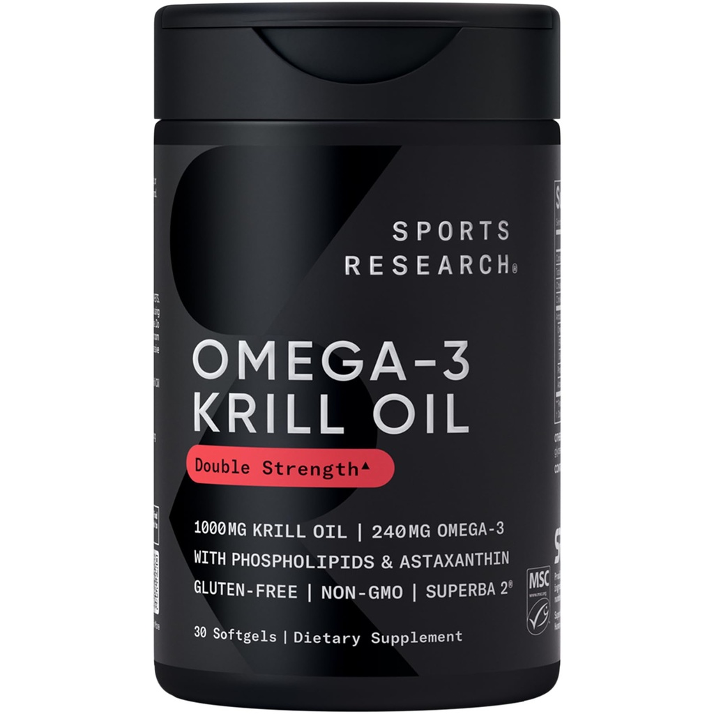 Sport Research Krill Oil Dodatek s EPA & DHA Omega 3, Fosfolipidy & Astaxanthin z Antarktického krilu - Nejvyšší koncentrace krilového oleje pro muže a ženy - 1000mg, 30 Softgel Kapsle