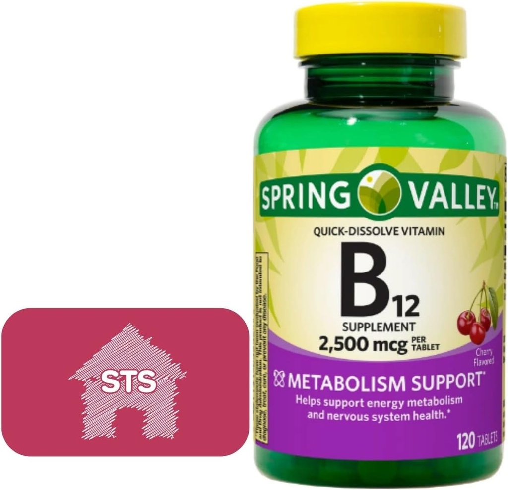 Jarní údolí - Vitamin B12 Quick- Rozpusťte tablety, 2,500 mcg, Cherry Flavor, 120 Počet + STS samolepka.