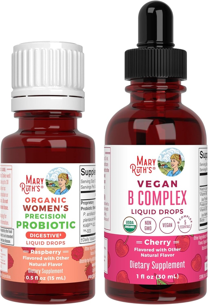 MaryRuth Organics Precision Probiotic Probiotic for Women (Raspberry) & B Complex Drops (Cherry) CLAN124; USDA Organic, Clean Label Project Overified ® CLAN124; Vitaminy pro Gut Health & Imunity CLAN124; Vegan, Non- GMO, gluten zdarma