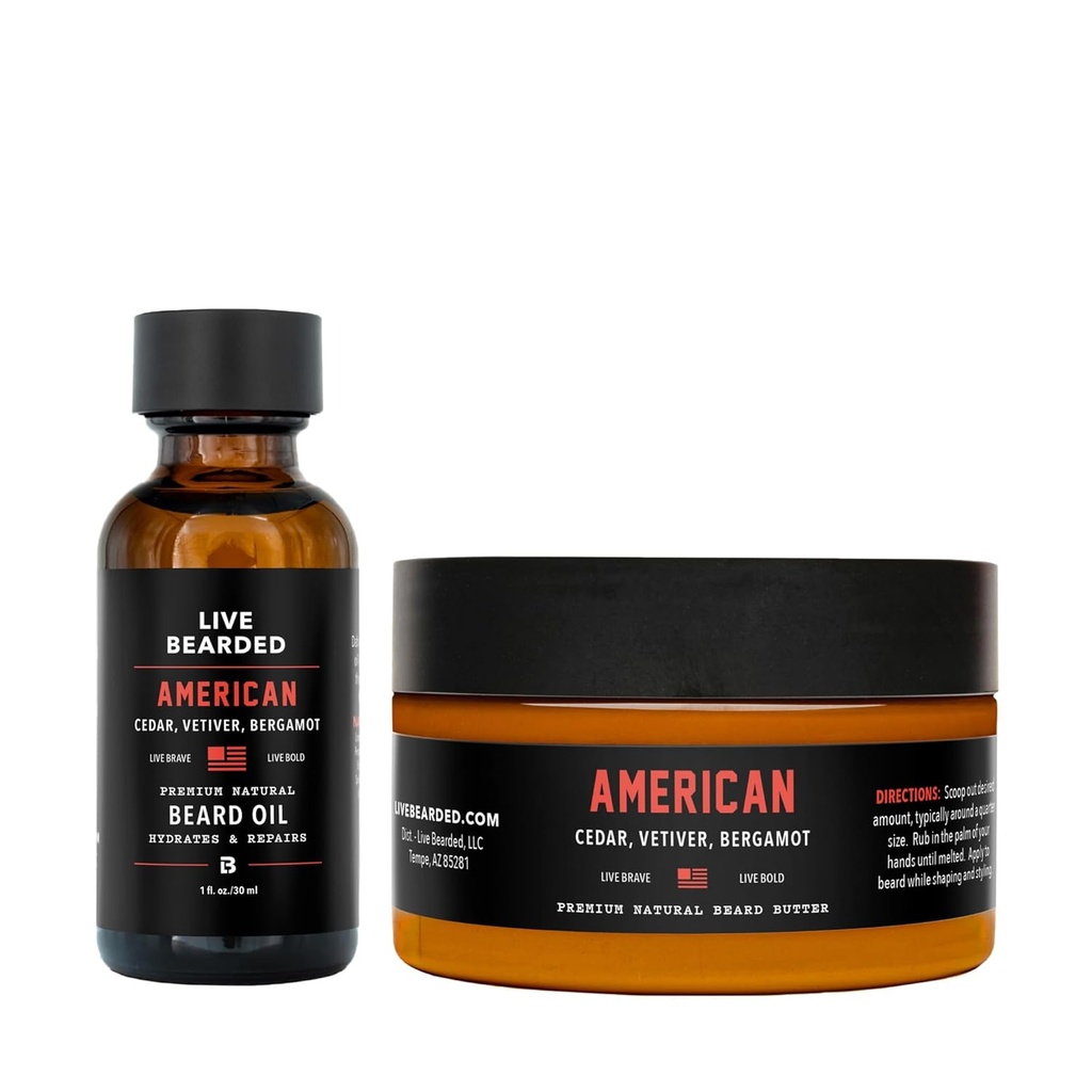 Live Beard Oil and Butter Grooming Kit - Made in the USA - All- Natural Ingredients with Shea, Argan, Jojoba - Growth Support Oil 124; American Scent - Cedar, Vetiver, Bergamot