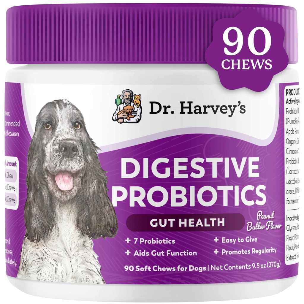 Dr. Harvey 's Digestive Probiotic Soft Chews for Dogs, 9 Probiotika pro Gut Health, Průjem a Bowel Support, Peanut Butter Flavor (90 Chews)