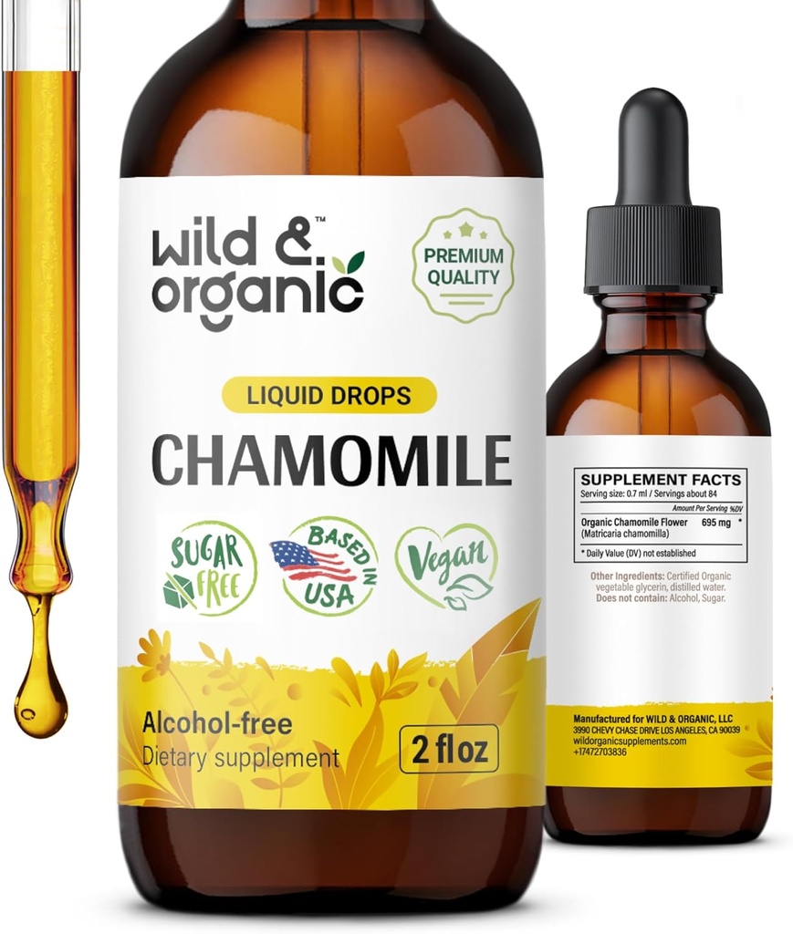 Divoká a organická heřmánková tinktura - Relaxační a uklidňující heřmánkový dodatek - Liquid Flower Extract Drops - Vegan, Cukr & Alcohol- Free - 2 fl oz