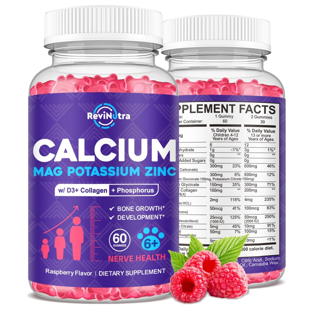 Draslík Magnesium Gumy pro děti a dospělé, s hydrolyzovaný kolagen, zinek, fosfor, multivitamin pro spánek, síla kostí, Hustota podpora, cukr zdarma, Malina 60 Gumy