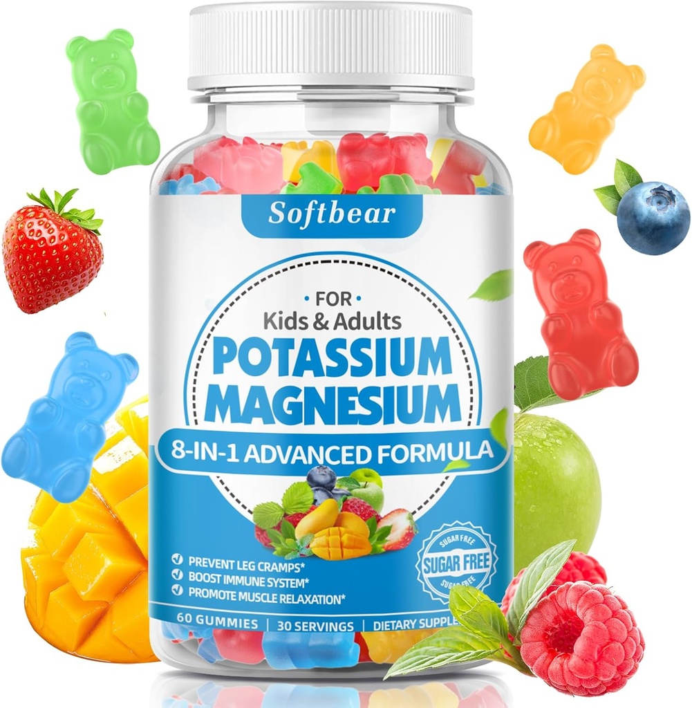 softbear draselné gumy pro dospělé, vysoce absorpční draslík doplněk hořčíku s vitaminem B6 CoQ10 pro křeče nohou a svalové zdraví bez veganské smíšené ovocné příchutě 60 žvýkaček