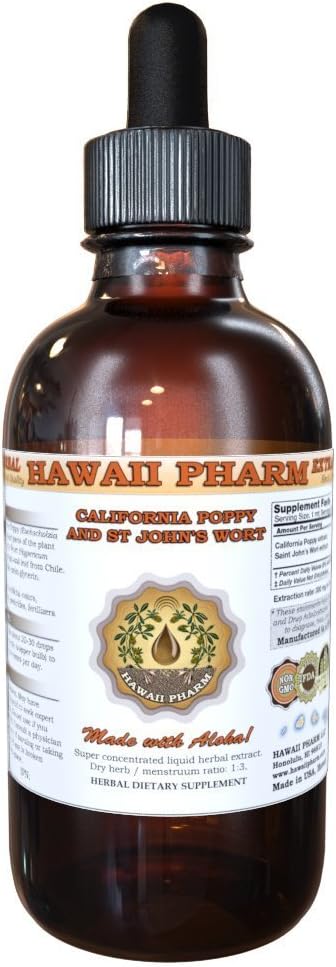 HawaiiPharm California Poppy and St John 's Wort Liquid Extract, Organic California Poppy (Eschscholinia Californica) and St John' s Wort (Hypericum Perforatum) Tincture Supplement 4 oz