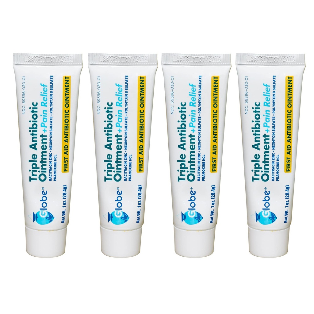 Globe (4 balení Triple Antibiotic + Pain Relief Ointment 1oz, First Aid Antibiotic, Soothes Pain, Cutts, Burns and Scraps 24 hodinová ochrana proti infekci