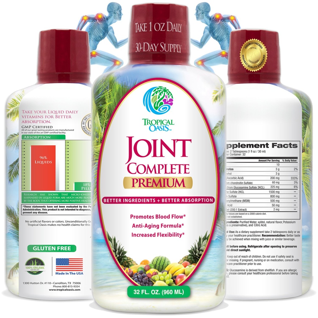Tropická Oasis Joint Kompletní Premium - Tekutý společný dodatek s tekutým glukosaminovým sulfatem, Chondroitin, MSM & Hyaluronic Acid - 96% Max Absorption - 32oz, 32 serv, 33484