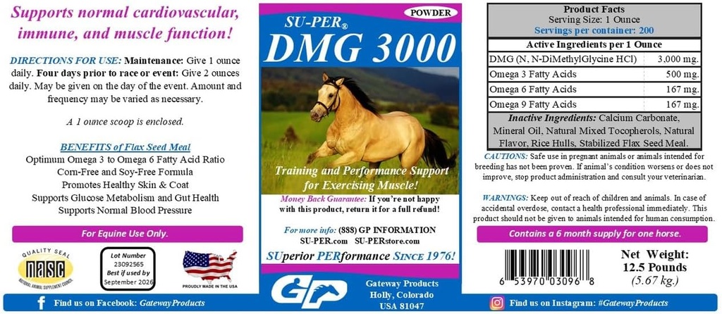 SU-PER DMG 3000 Koňský dodatek - Výcvik a podpora výkonu Prášek - Podporuje normální kardiovaskulární imunitu a svalovou funkci - 12.5 Pounds, 6 Měsíce Dodávka