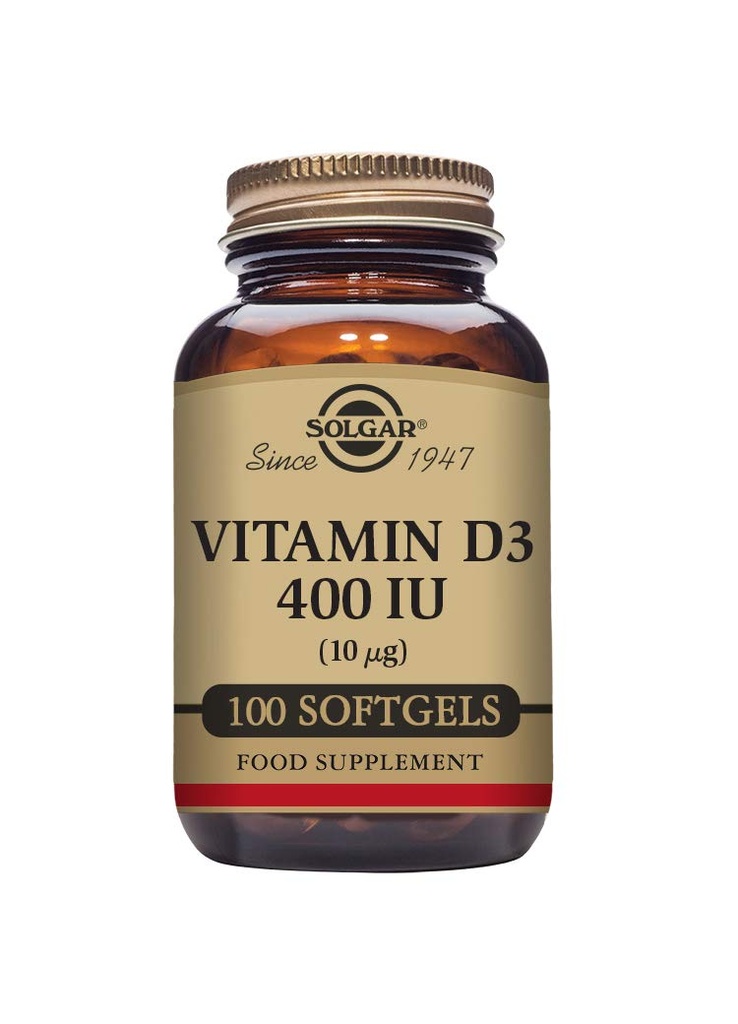 Solgar Vitamin D3 (Cholekalciferol) 10 MCG (400 IU), 100 Softgels - Pomáhá udržovat kosti a zuby - Podpora imunitního systému - Non- GMO, Lepek zdarma, mléčné zdarma - 100 Služeb