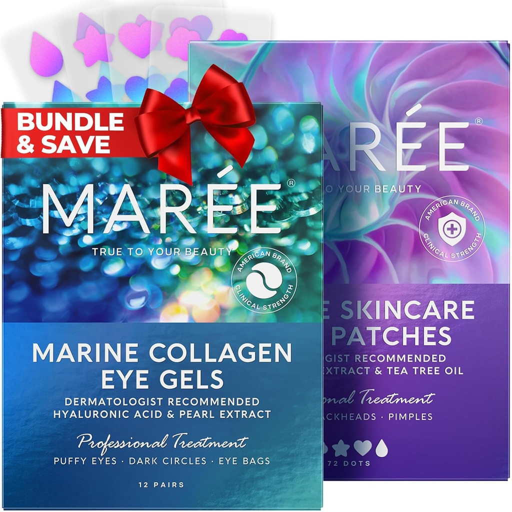 MAREE Eye Gels & Acne Сlearing Devices Bundle - Under Eye Gels for Puffy Eyes and Dark Circles, Hydrokoloid Acne Therapy Device - Marine Collagen & Hyaluronic Acid, Green Algae Extract & Tea Tree Oil