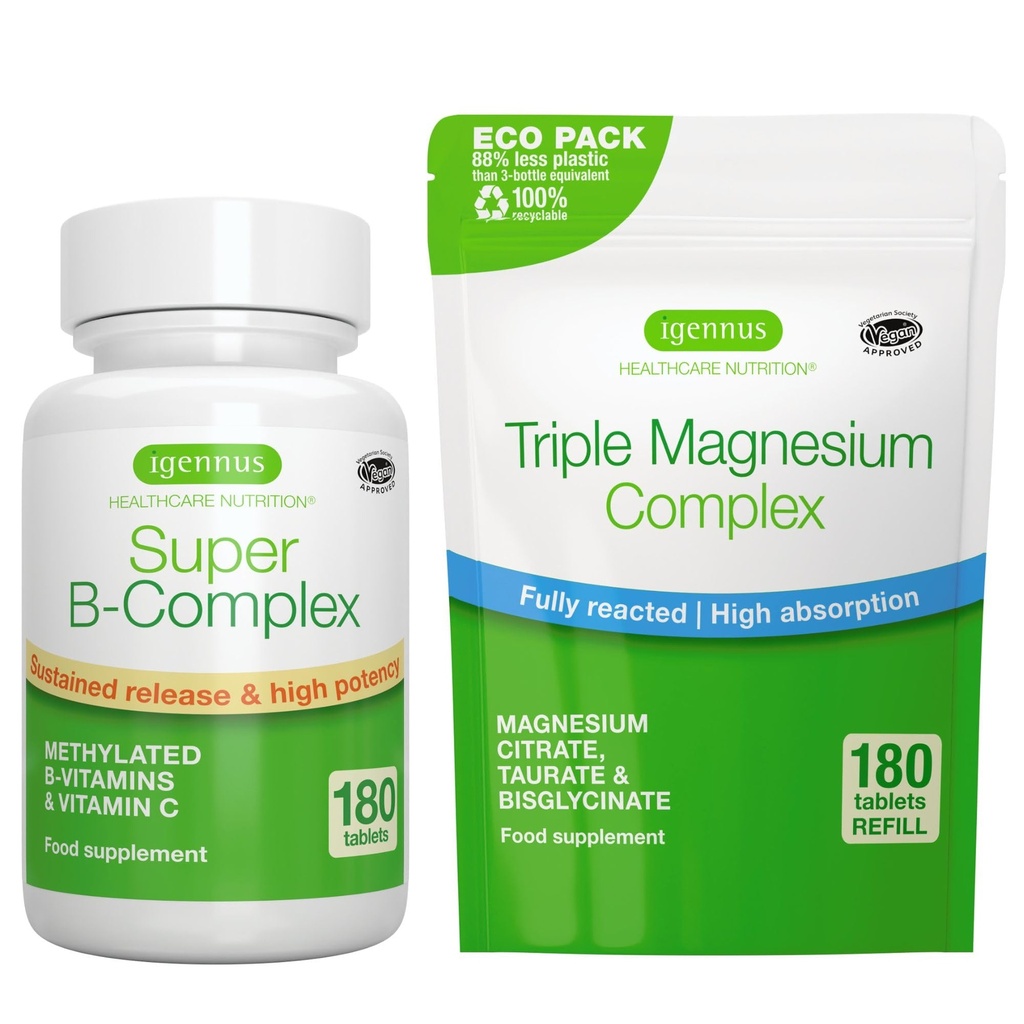 Super B- Complex 180 Tablety + Triple Magnesium Complex 180 Tablety Vegan Bundle, Metylovaný Setrvalá verze B Complex + High Absorption Chelated Magnesium Glycinate, Taurát & Citrát, by Igennus