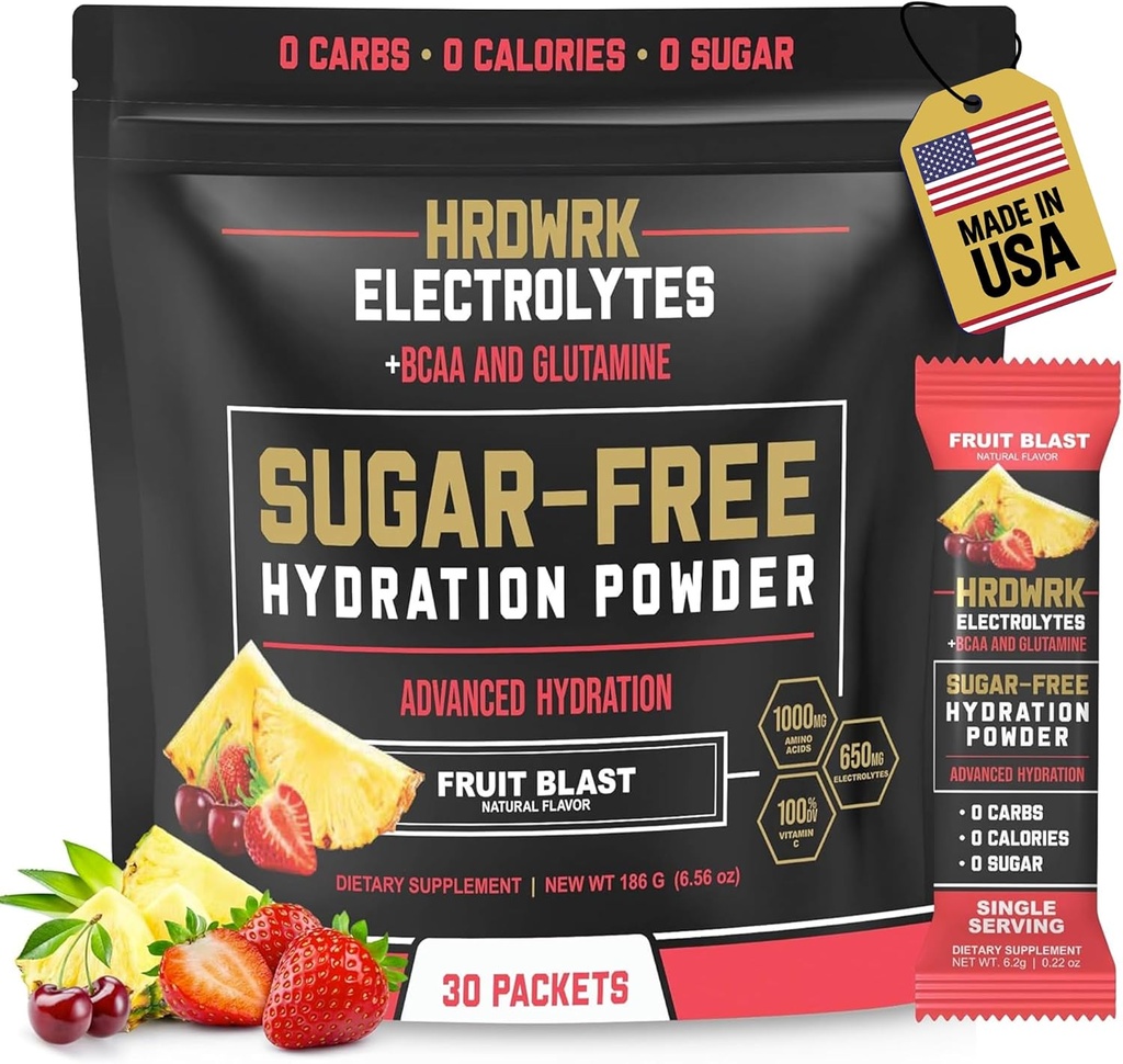HRDWRK Electrolytes Powder Packets with Magnesium, Draslík Sodná, Keto Hydratace - BCAA Electrolyte Powder Packets with Glutamine, 30 Electrolytes Powder Packets Sugar Free (Fruit Blast)