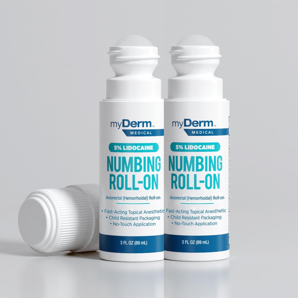 Myderm Medical 5% Lidokain Numbing Roll On - Balíček 2 - pro drobné šišky, škrábance a hemoroidní diskomfort - Vyrobeno v USA