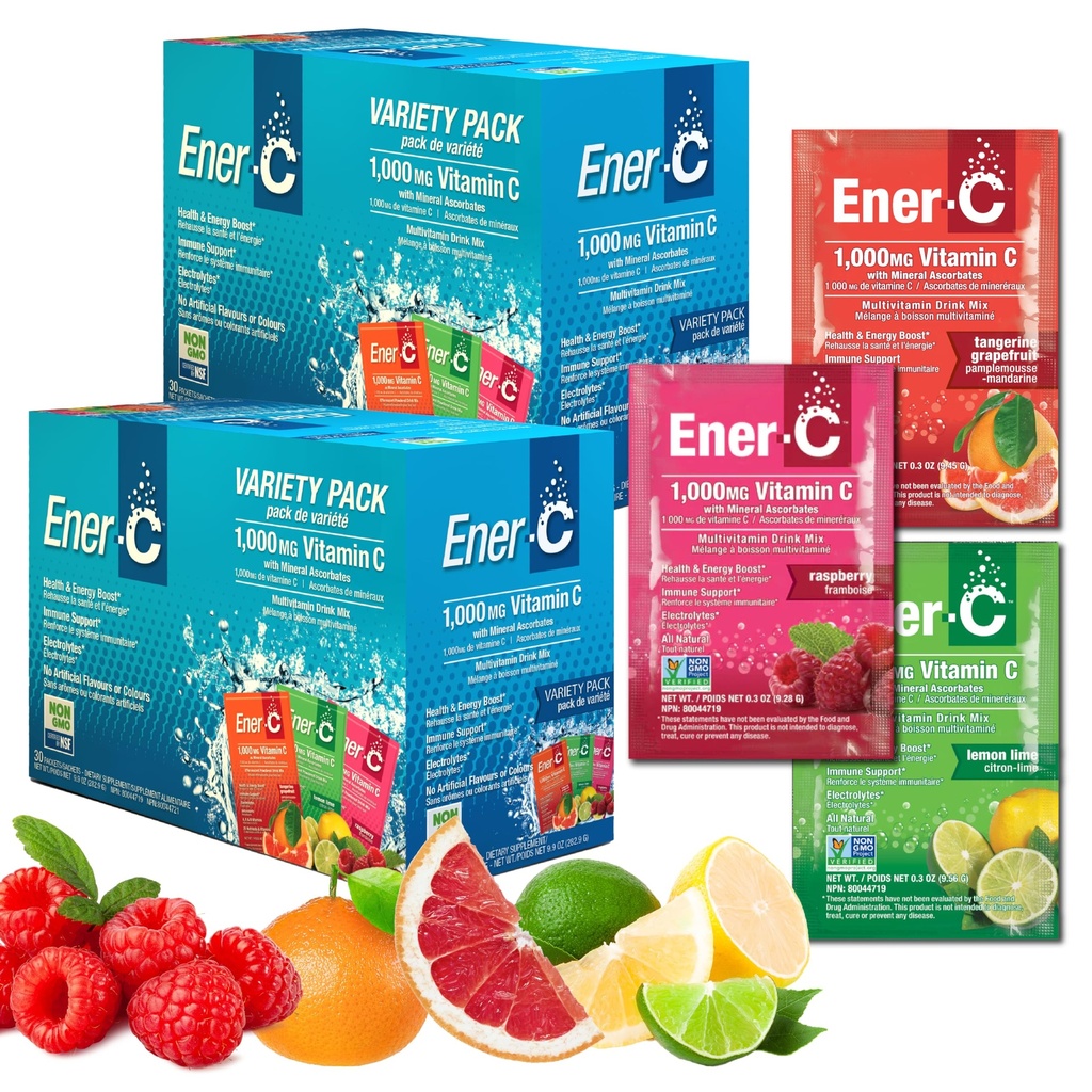 Ener- C Multivitamin Drink Mix - Vitamin Packets for Water, Electrolytes Powder Packets, Vitamin Drink Mix, Hydration Liquid Mix, Imunitní posilovač pro dospělé, Zdravá energie - Variety Pack, 60 Počet