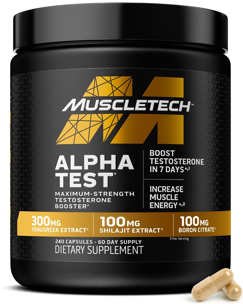 MuscleTech Testosteron Booster pro muže, AlphaTest - T- Boost Mens dodatek s Tribulus Terrestris & Boron - Denní mužská tělocvična cvičení doplňky pro růst svalů, Stamina & Energy - 240 pilulky