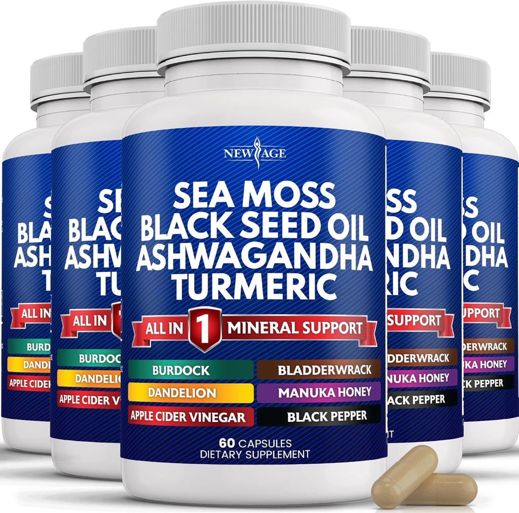 NEW AGE Moss Black Seed Oil Ashwagandha Turmeric Bladderwrack Burdock - s Manukou, Honey Dandelion, ACV Black Pepper gluten zdarma