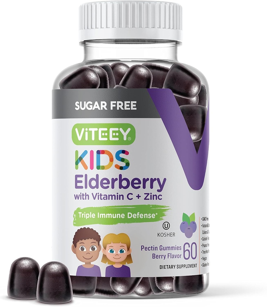 Viteey Sambucus Elderberry Gummies for Kids - Sugar Free - Imunitate Support Supplements with Vitamin C & Zinek, [3-1 Imunitate Booster] Vegan, Želatina Free, gluten Free - Chutné Chewable Berry ochucené