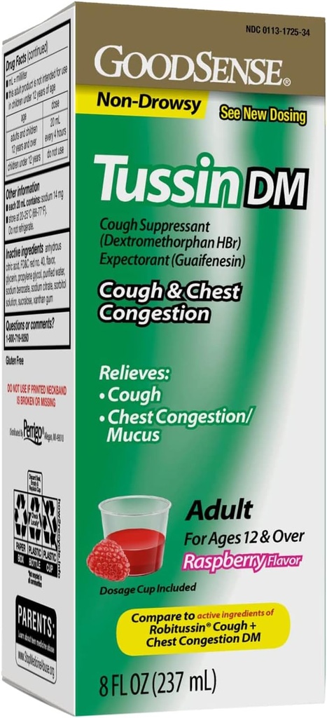 GoodSense Tussin Kašel Syrup DM, Malina Flavor, Účinná úleva pro kašel a hrudník Congestion, Tens Mucus, 8 Fl Oz
