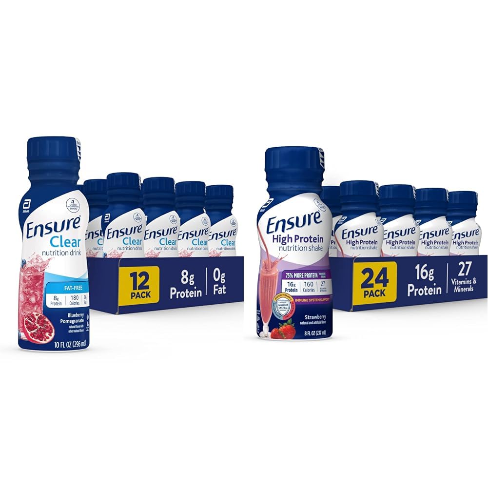 Zajistit tekutý čirý nutriční nápoj, 0g tuku, 8g bílkovin, borůvkový pomegranát, 10 Fl Oz (balení po 12), Lahvička, bezlepkový & Zajistit High Protein Jahodový Nutriční Shake, 24 Pack