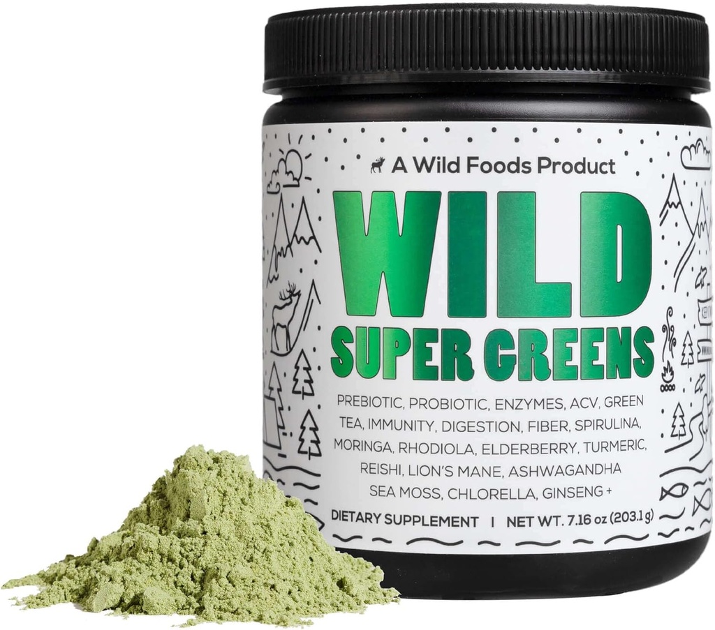 Wild Foods Raw Super Greens Powder Daily Juice Drink with Probiotics and Digestive Enzyme Blend - Whole Food Sourced, 46 Plant- Based Nutrients, Non-GMO, Spirulina, Chlorella, Wheatgrass (30 Servings)