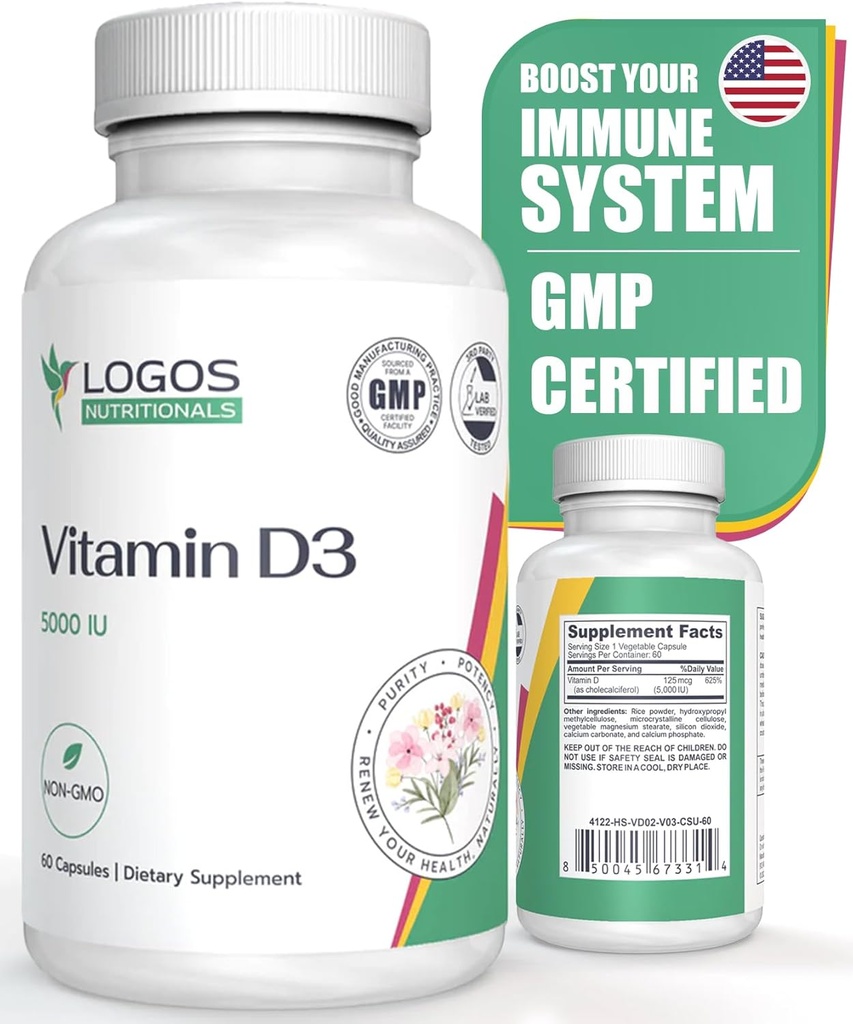 Vitamin D3 Doplněk - Vitamin D- 5000 IU - Podpora zdravých kostí, zubů, svalů, kardiovaskulárních a imunitních funkcí - Day- Free, Soy- Free - 60 Kapsle