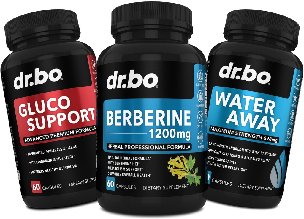 DR. BO Berberine dodatek Podpora metabolismu a vodní pilulky - 1200mg Berberine HCL dodatek pro zdravou metabolickou podporu - Premium HCL 600mg per Capsule & Water Pills Retention