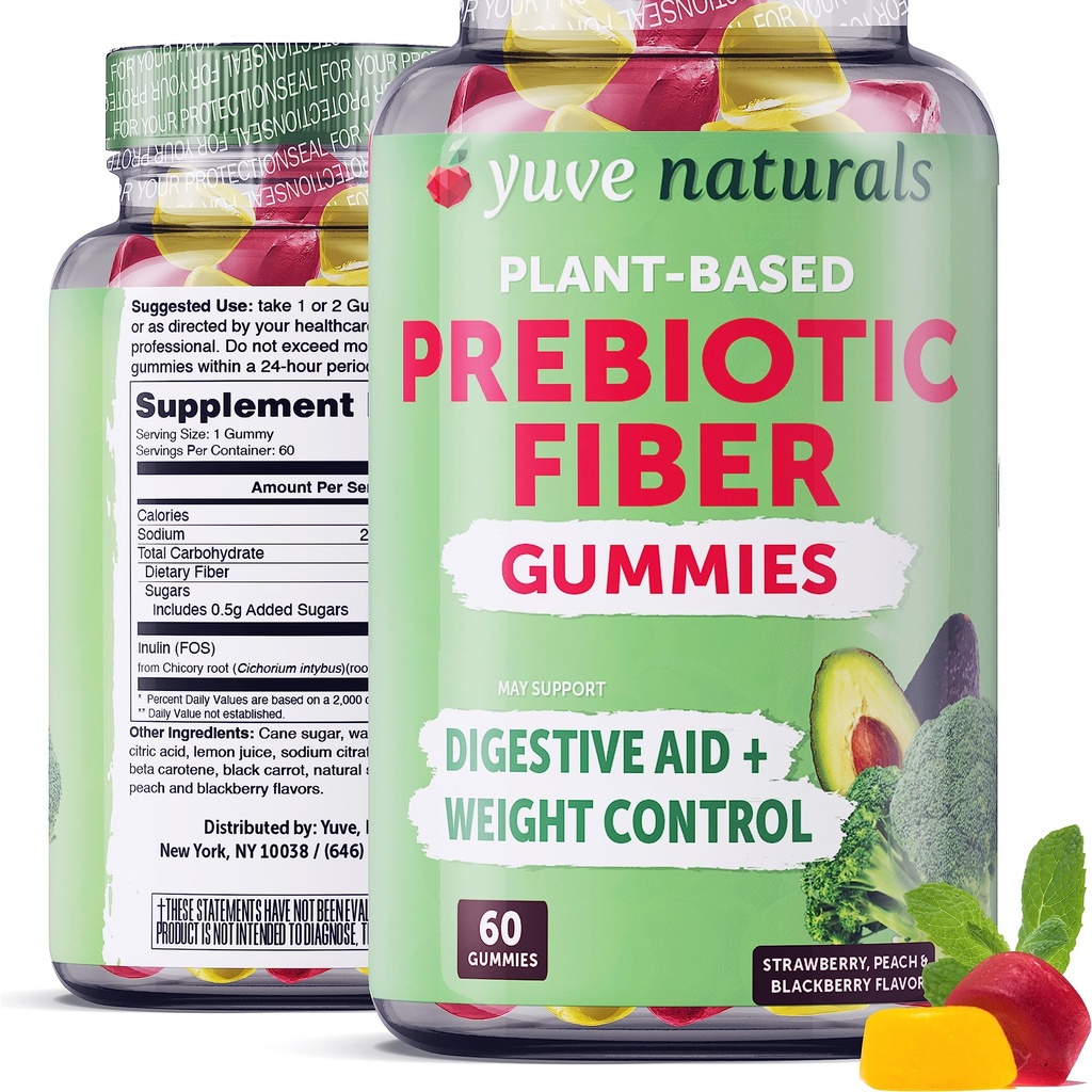 Yuve Prebiotic Fiber Gummies - Delicious - 3g Soluble Fiber Supplement - Podporuje stravitelné zdraví a regulaci - Vegan & gluten- Free Fiber Gummies pro dospělé a děti - Non- GMO & Nízký cukr - 60 Počet